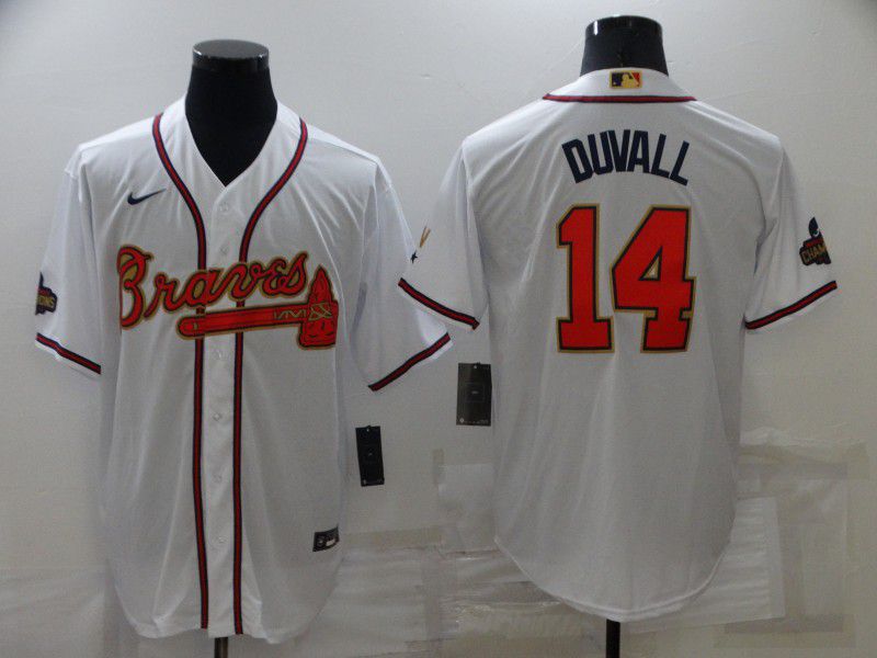 Men Atlanta Braves 14 Duvall White Gold Game Nike 2022 MLB Jersey